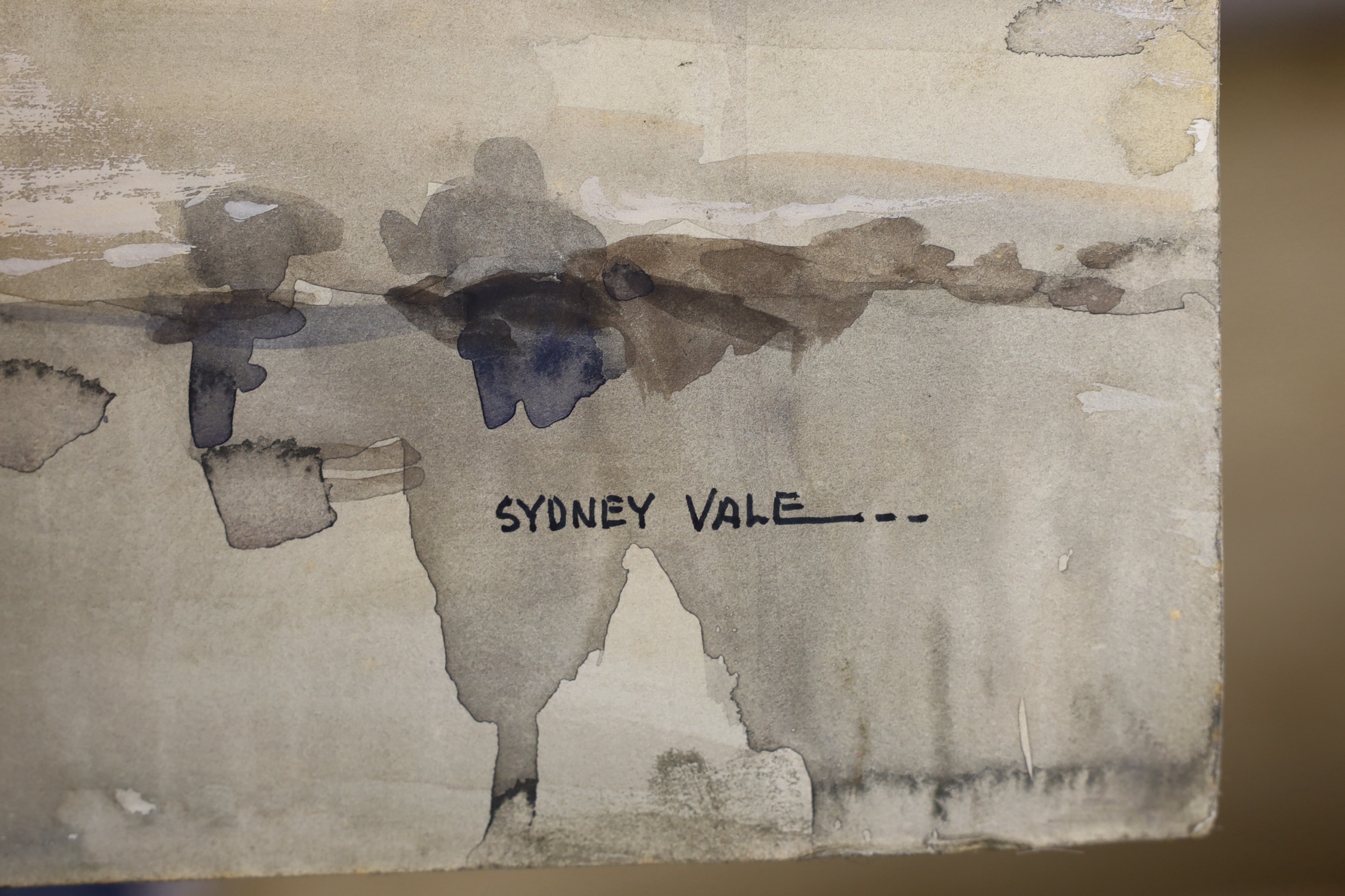 Sydney Vale (b.1916) Wapping Group, two watercolours, Fishing boat at low tide and Harbour scene, one signed, 54 x 76cm, unframed (damp damage)
